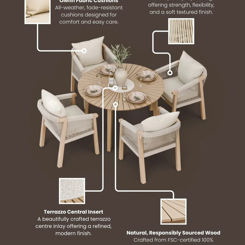 Round acacia wood dining table with rope weave chairs and olefin cushions, terrazzo inlay