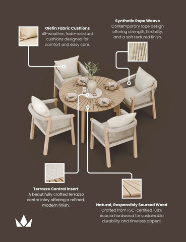 Round acacia wood dining table with rope weave chairs and olefin cushions, terrazzo inlay