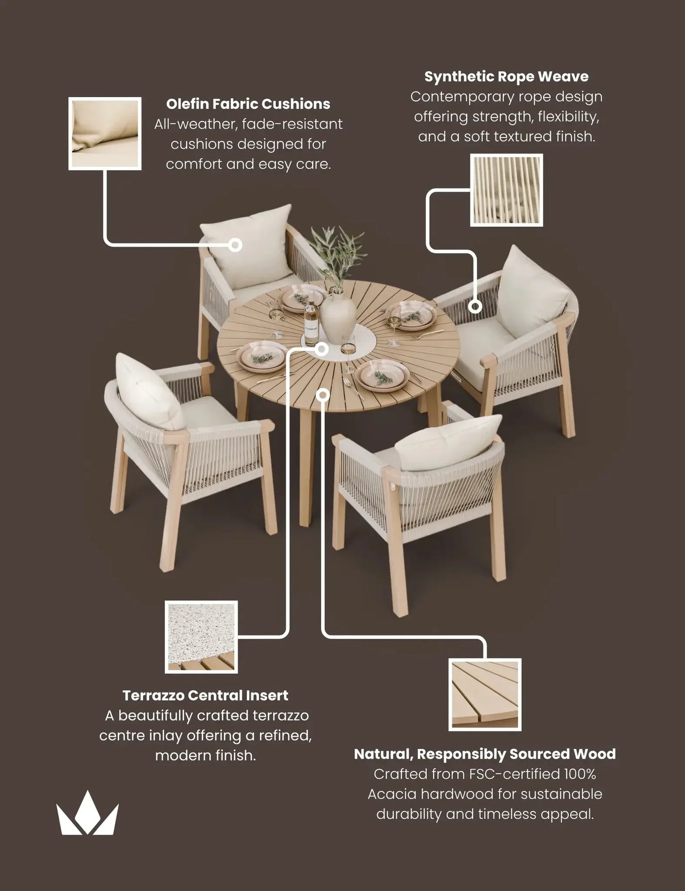 Round acacia wood dining table with rope weave chairs and olefin cushions, terrazzo inlay