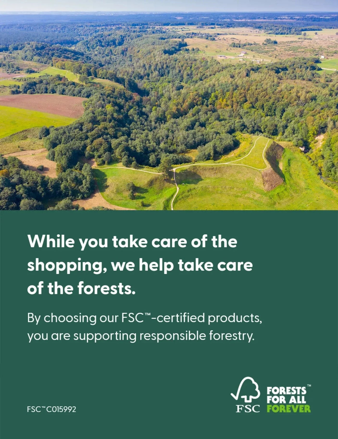Aerial view of lush green forest with winding paths and FSC responsible forestry message overlay