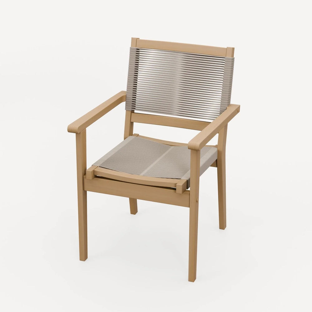 Modern wooden armchair with light frame and grey cord seat and backrest on white background