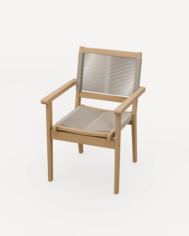 Modern wooden armchair with light frame and grey cord seat and backrest on white background