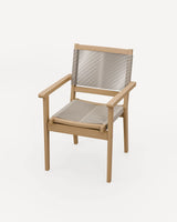 Modern wooden armchair with light frame and grey cord seat and backrest on white background