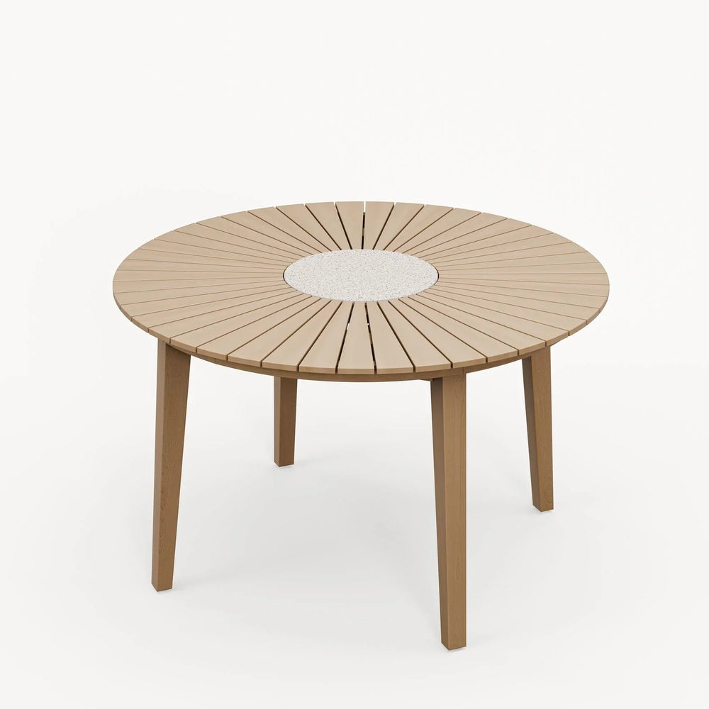 Round wooden dining table with slatted top and white stone centre