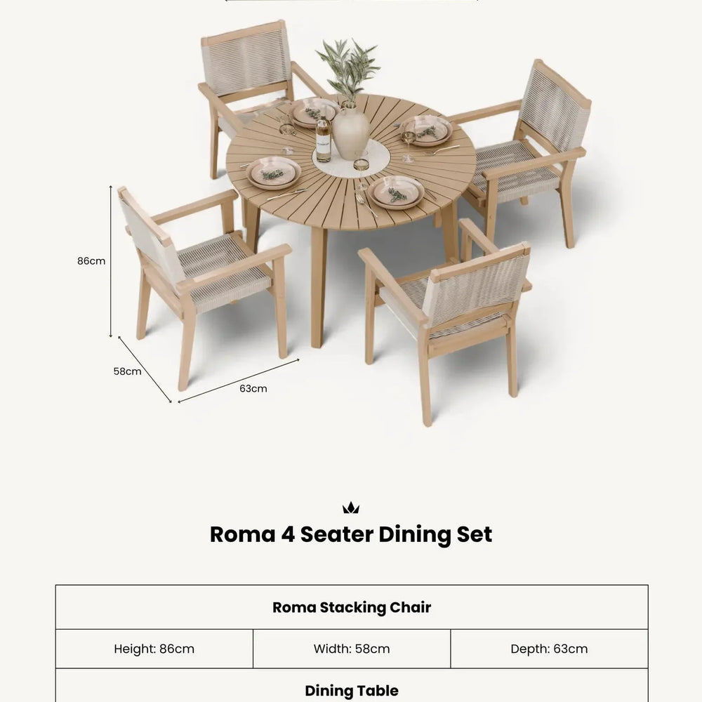 Roma 4 seater dining set with round wooden table and four rope-back chairs, tableware displayed