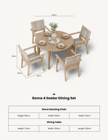 Roma 4 seater dining set with round wooden table and four rope-back chairs, tableware displayed