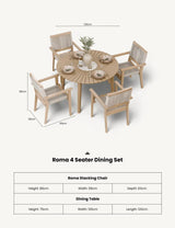 Roma 4 seater dining set with round wooden table and four rope-back chairs, tableware displayed
