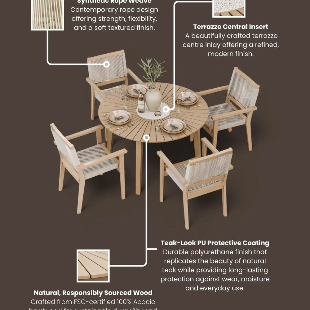 Round wooden outdoor dining set with synthetic rope chairs and terrazzo centre inlay