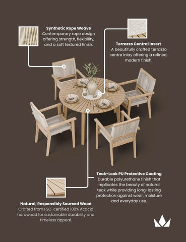 Round wooden outdoor dining set with synthetic rope chairs and terrazzo centre inlay