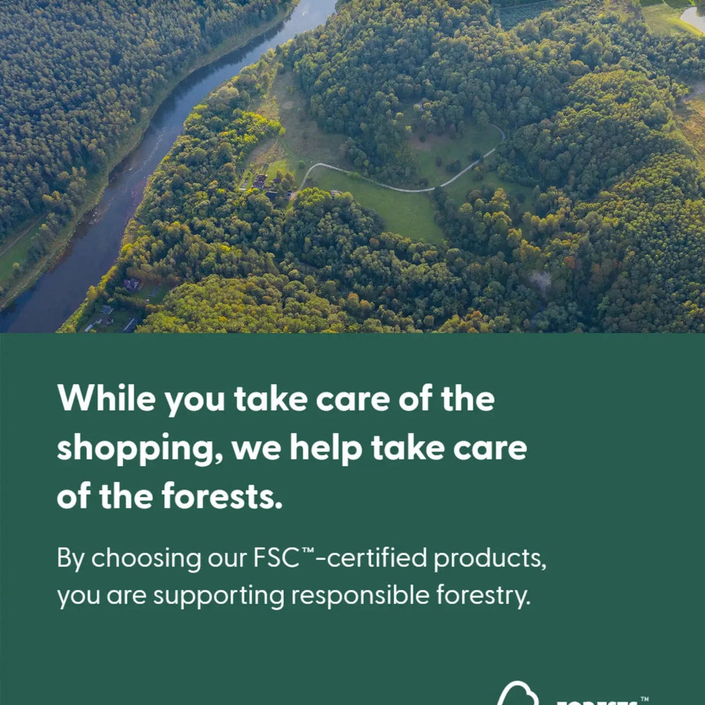 Aerial view of forest and river with FSC and Forests For All Forever certification message overlay