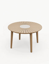 Round wooden dining table with slatted top and stone-effect centre detail, front angle