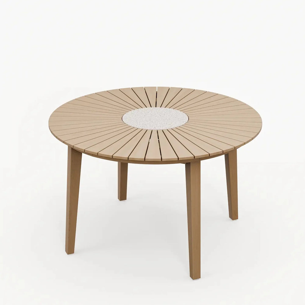 Round wooden dining table with slatted top and stone effect centre insert