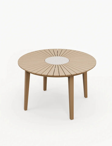 Round wooden dining table with slatted top and stone effect centre insert