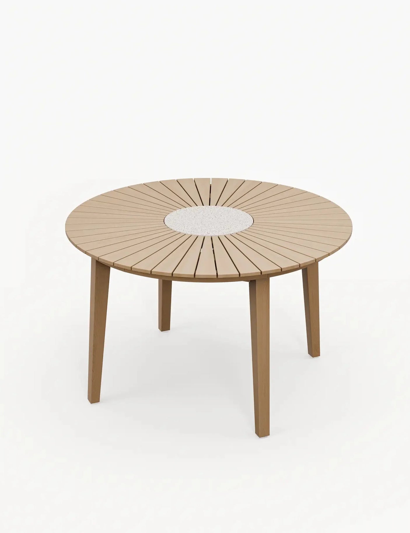 Round wooden dining table with slatted top and stone effect centre insert