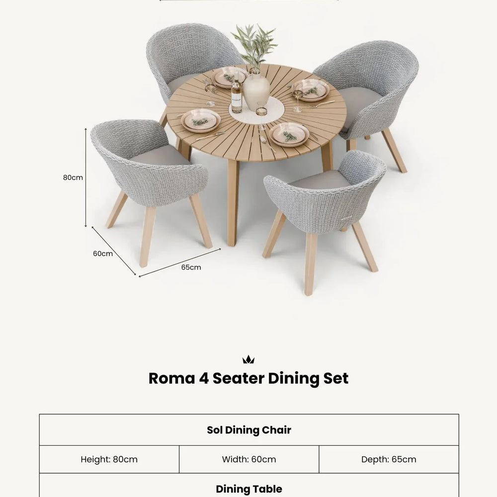 Roma 4 seater dining set with round wooden table and four grey woven dining chairs