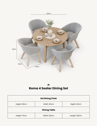 Roma 4 seater dining set with round wooden table and four grey woven dining chairs