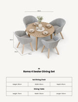 Roma 4 seater dining set with round wooden table and four grey woven dining chairs