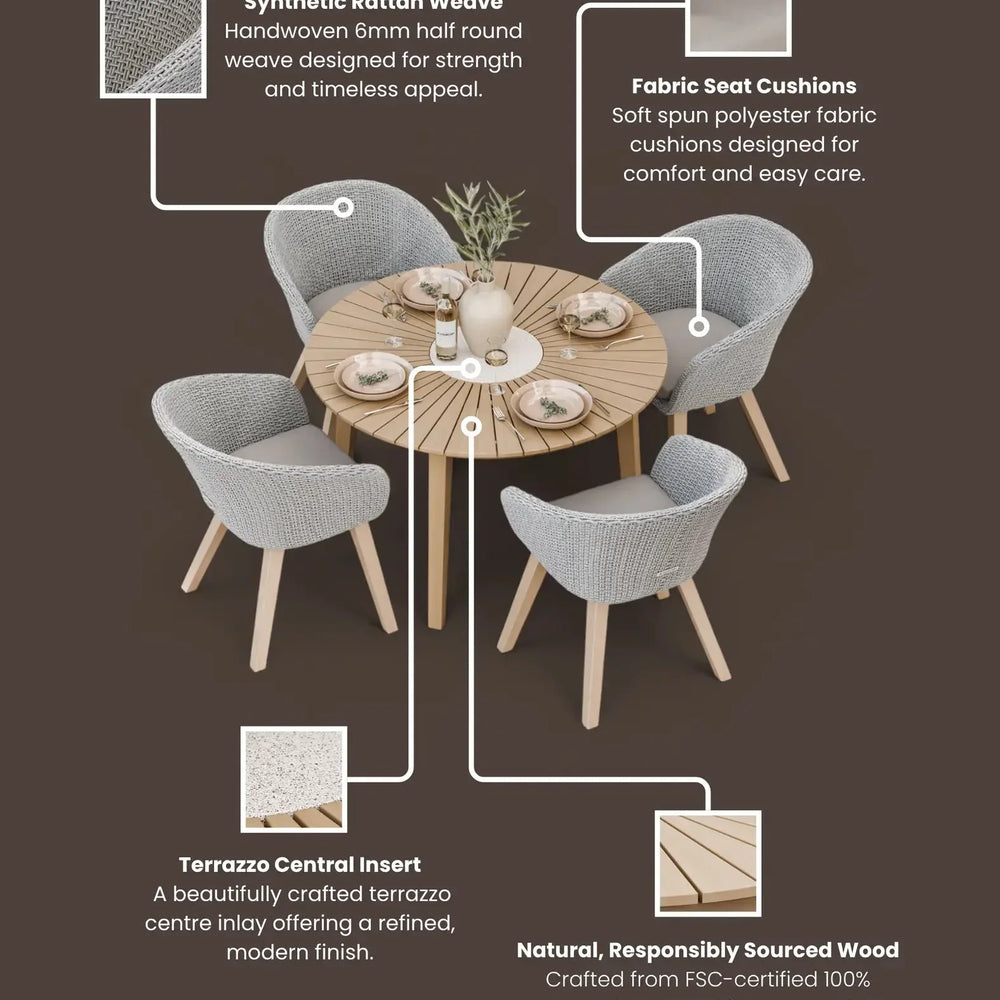 Round rattan dining set with terrazzo insert, grey woven chairs and wooden legs
