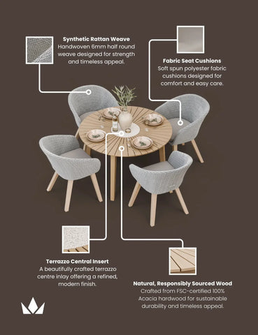 Round rattan dining set with terrazzo insert, grey woven chairs and wooden legs