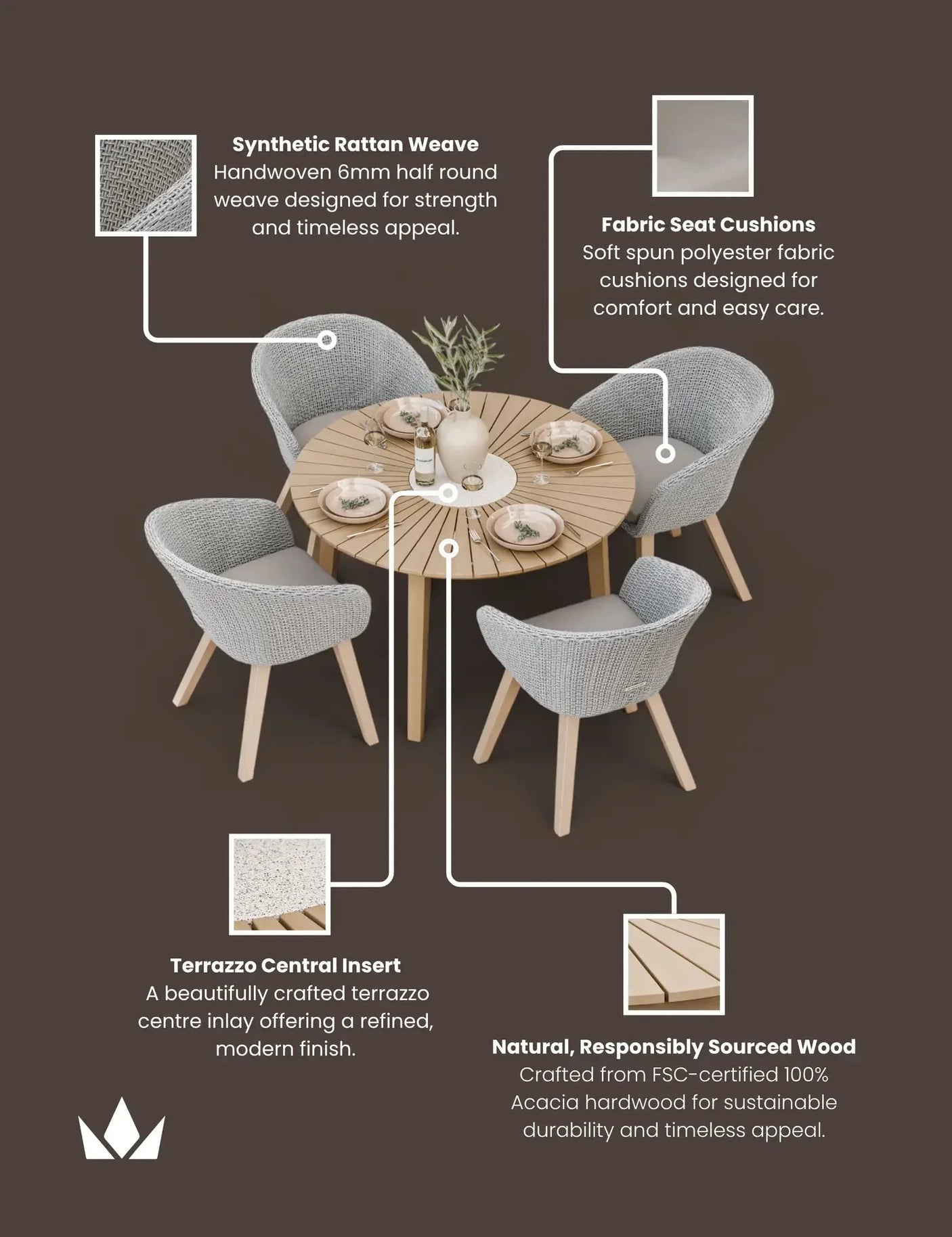 Round rattan dining set with terrazzo insert, grey woven chairs and wooden legs