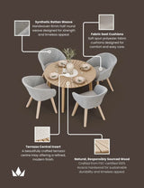 Round rattan dining set with terrazzo insert, grey woven chairs and wooden legs