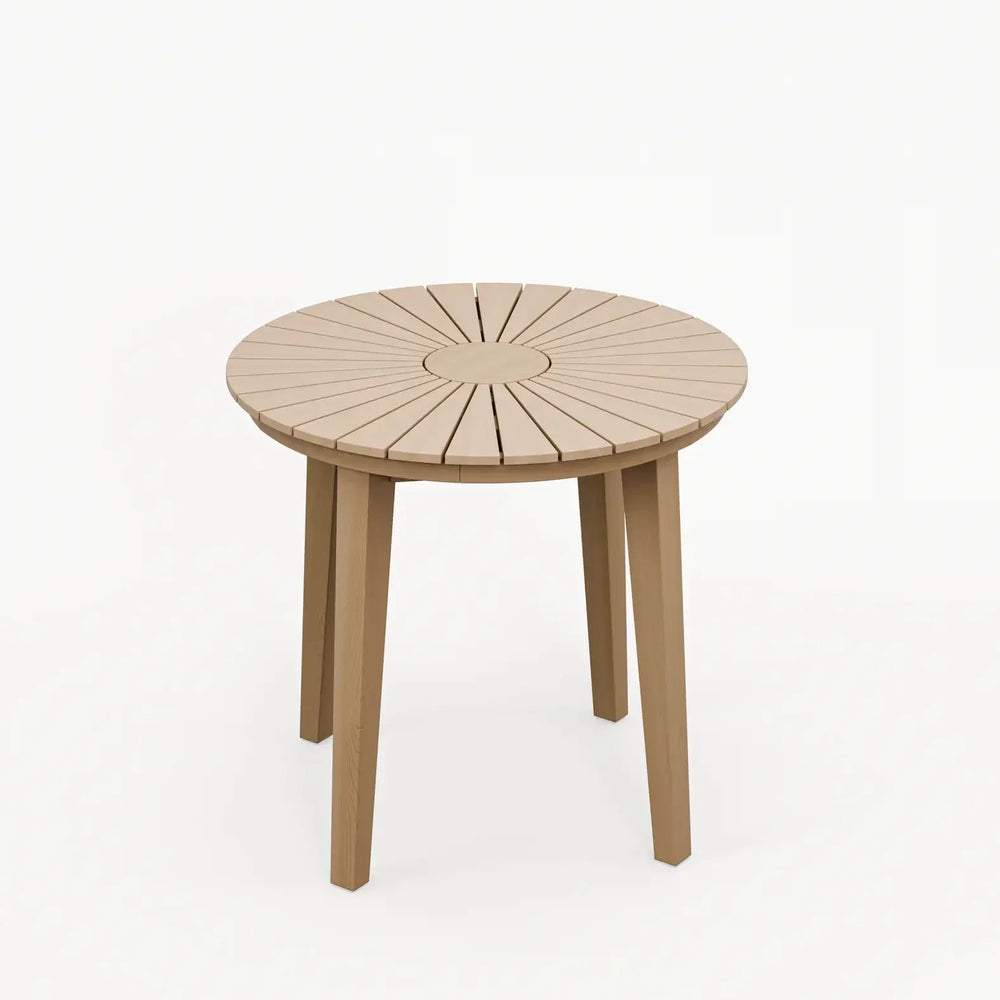 Round bistro table with natural wood finish and slatted top on white background