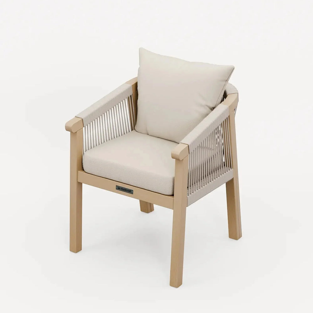 Beige wooden accent chair with rope sides and cushioned seat and backrest on white background
