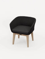 Black woven dining chair with cushioned seat and light wood legs on white background