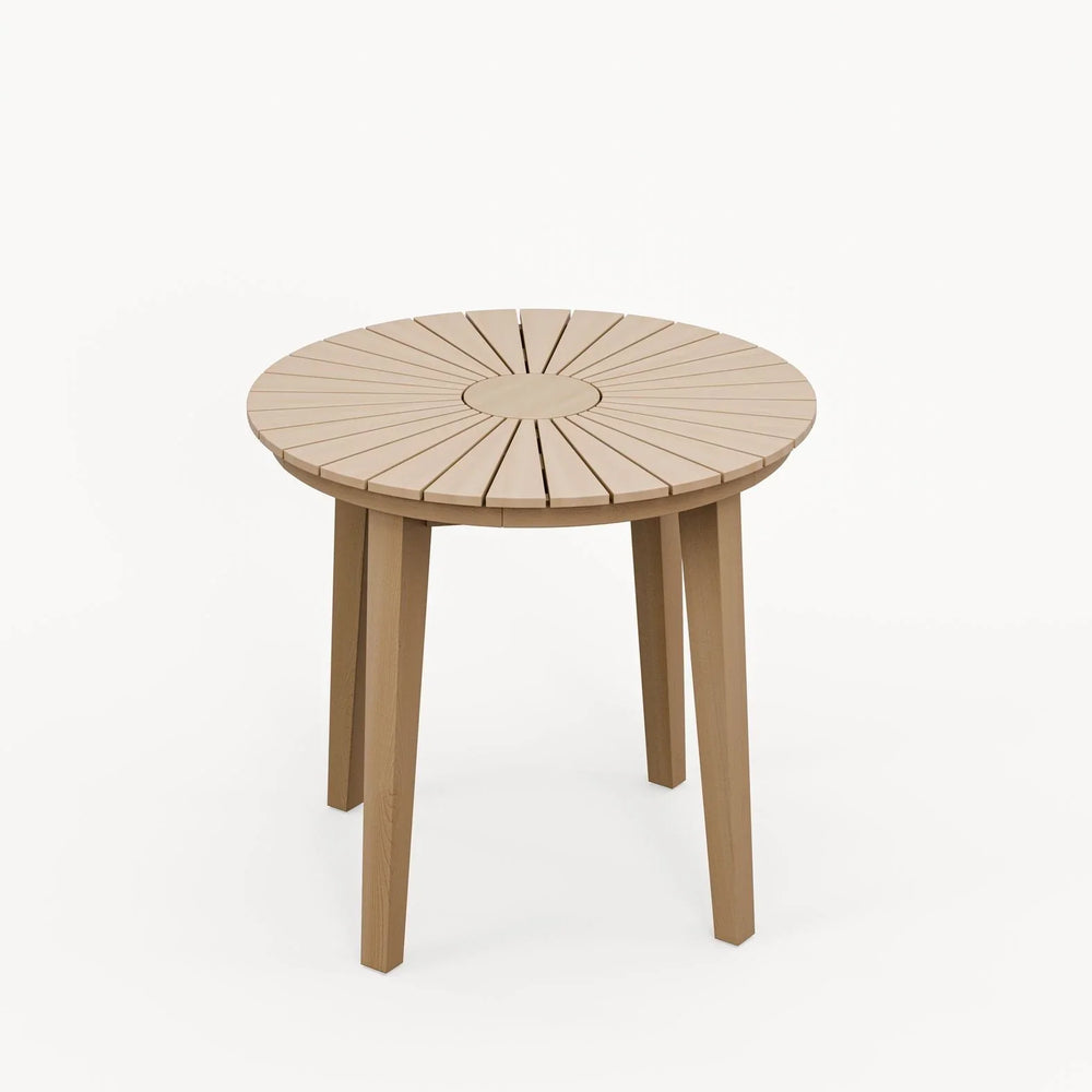 Round wooden side table with sunburst slatted top and four legs on white background