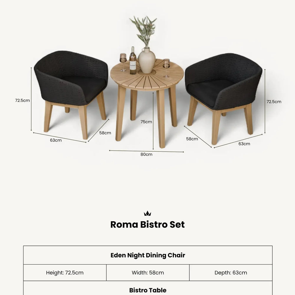 Roma bistro set with two black chairs and round wooden table arranged with wine and vases