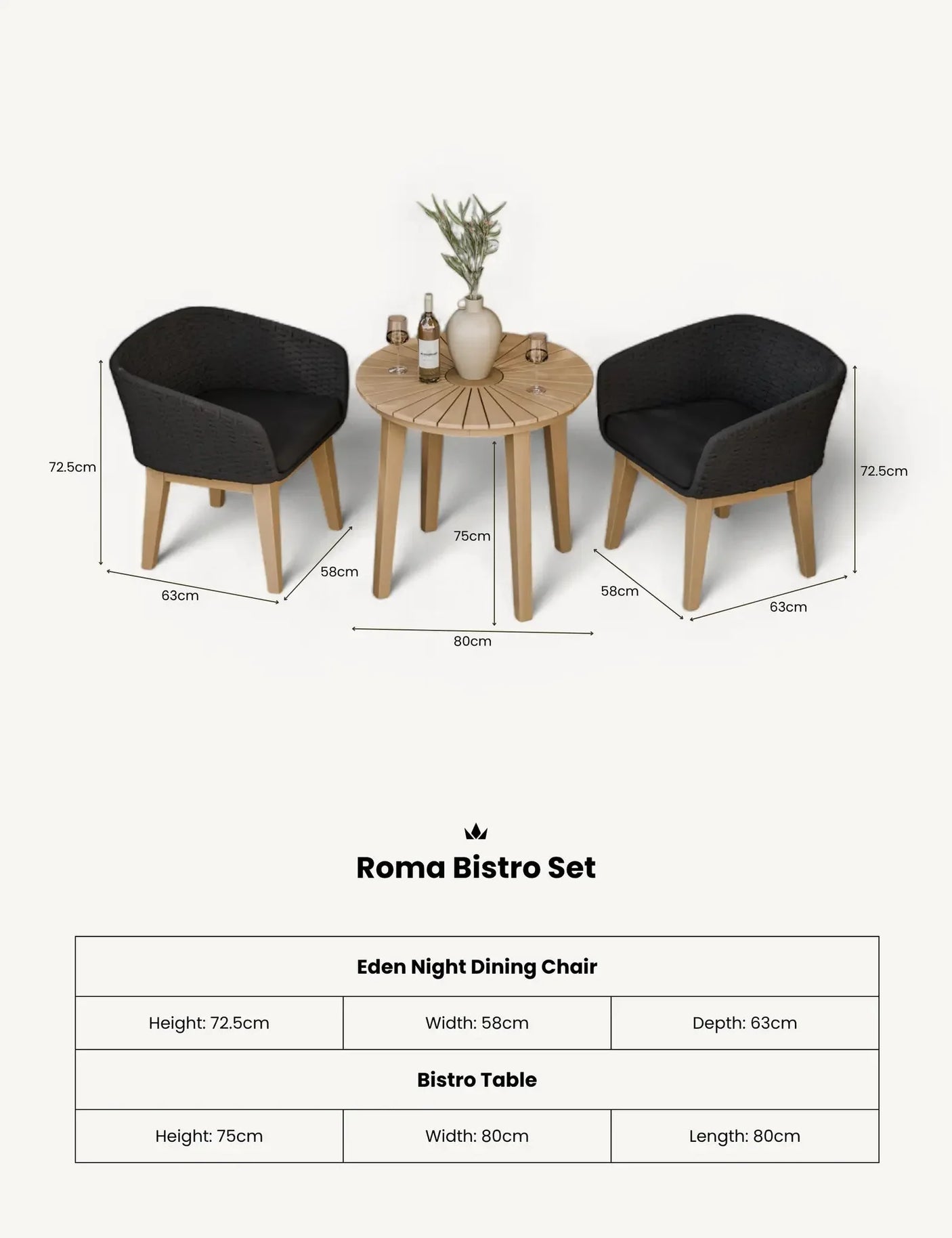 Roma bistro set with two black chairs and round wooden table arranged with wine and vases