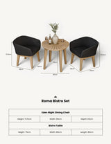 Roma bistro set with two black chairs and round wooden table arranged with wine and vases
