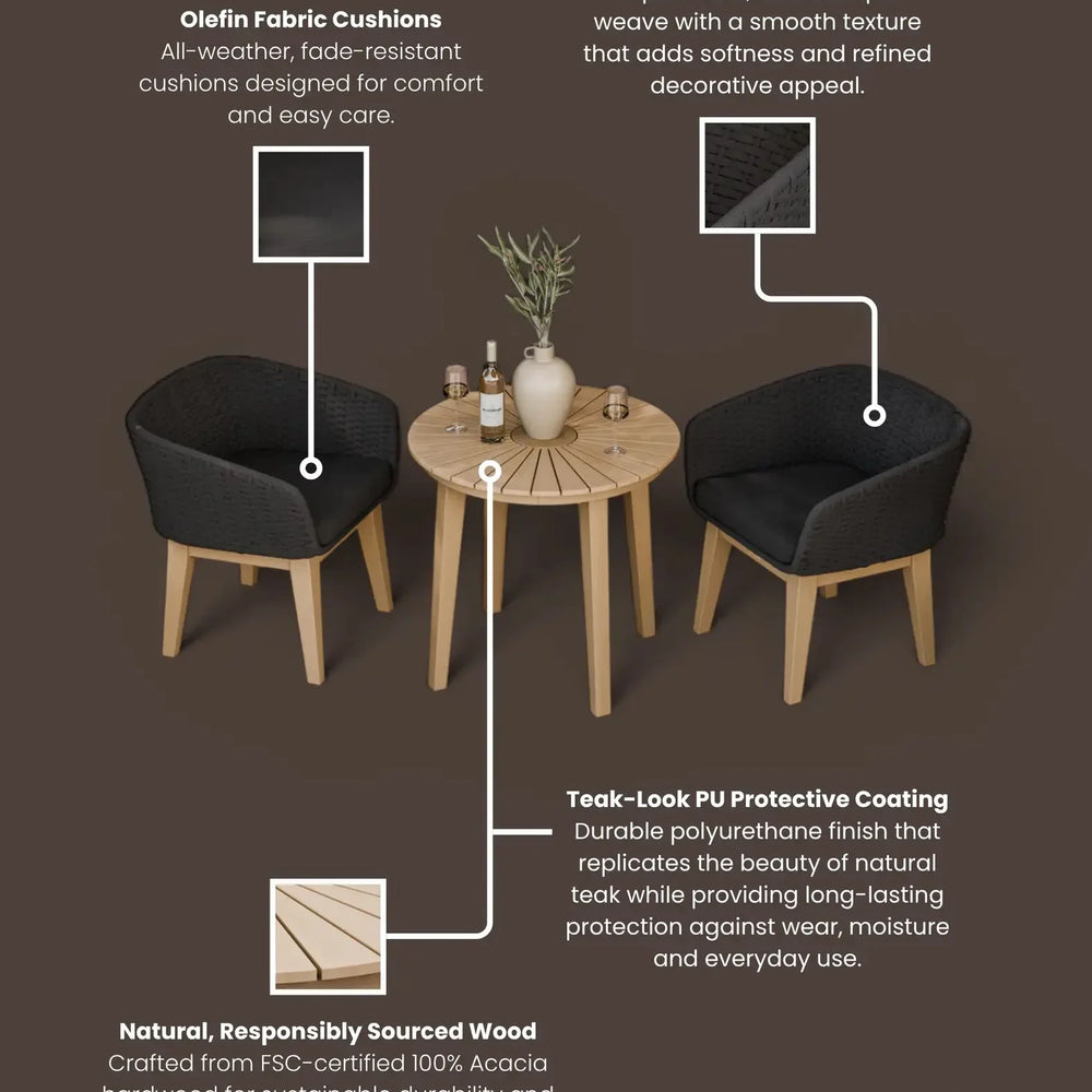 Outdoor bistro set with black rope weave chairs, olefin cushions, and acacia wood table