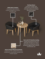 Outdoor bistro set with black rope weave chairs, olefin cushions, and acacia wood table