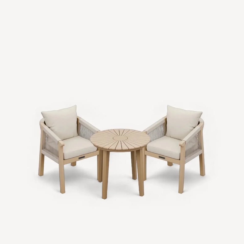 Wooden garden bistro set with round table and two cushioned chairs
