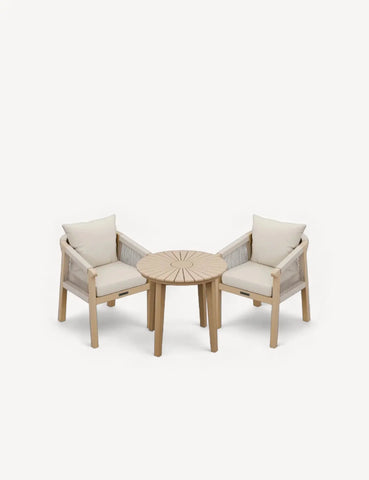Wooden garden bistro set with round table and two cushioned chairs