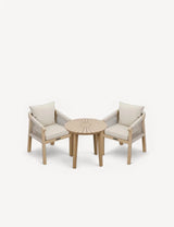 Wooden garden bistro set with round table and two cushioned chairs