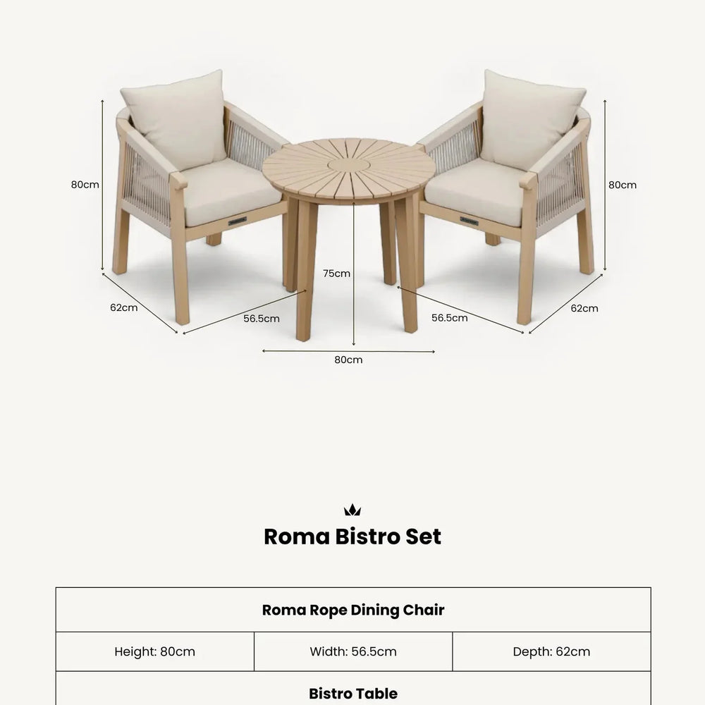 Roma bistro set with two rope dining chairs and round wooden table, cream cushions, size shown