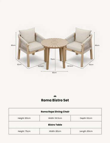 Roma bistro set with two rope dining chairs and round wooden table, cream cushions, size shown