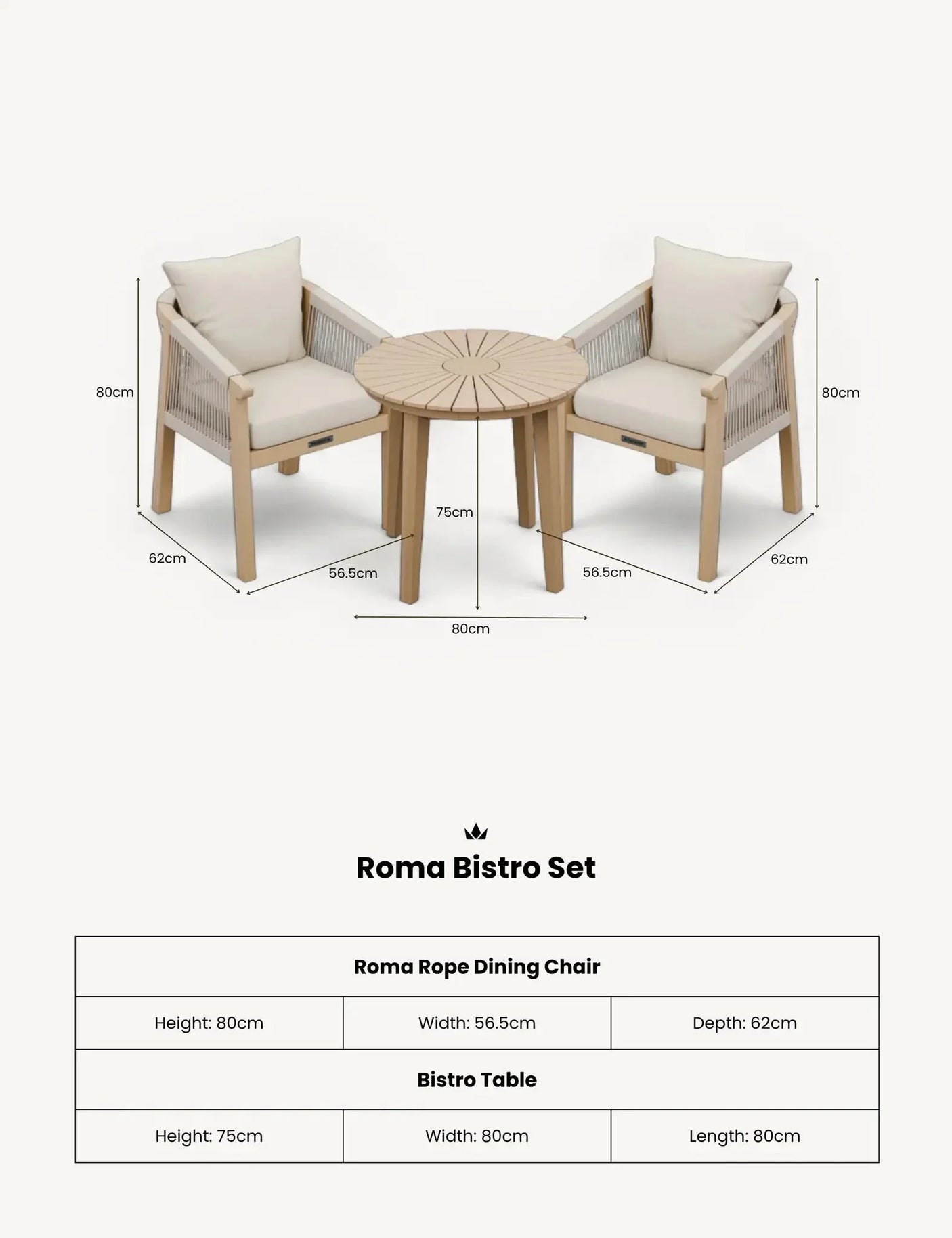 Roma bistro set with two rope dining chairs and round wooden table, cream cushions, size shown