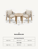 Roma bistro set with two rope dining chairs and round wooden table, cream cushions, size shown