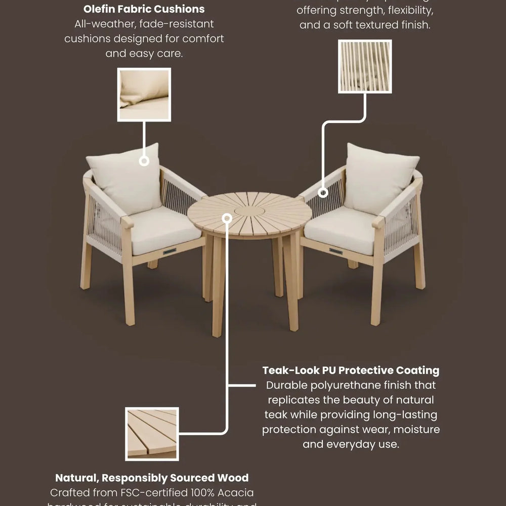 Outdoor bistro set with acacia wood, synthetic rope chairs, and cream olefin cushions