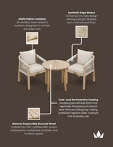 Outdoor bistro set with acacia wood, synthetic rope chairs, and cream olefin cushions