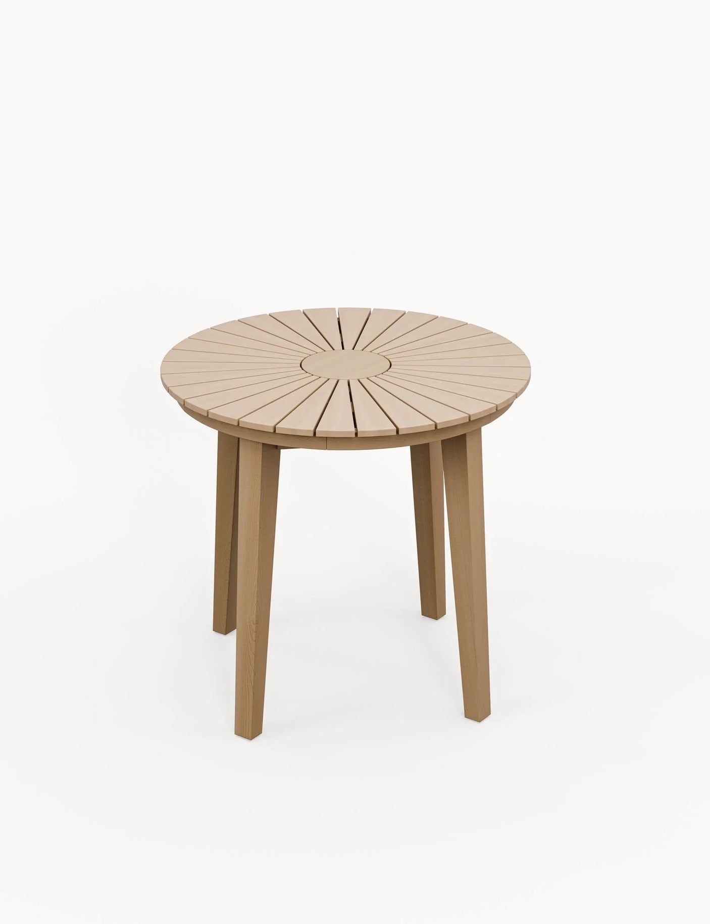 Round wooden side table with slatted top and four legs on white background