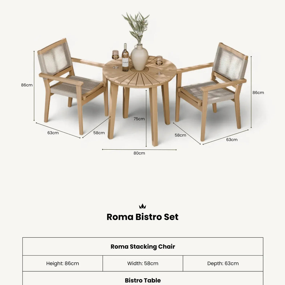 Roma bistro set with round wooden table and two stacking chairs, dimensions displayed