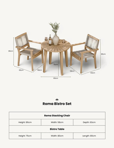Roma bistro set with round wooden table and two stacking chairs, dimensions displayed