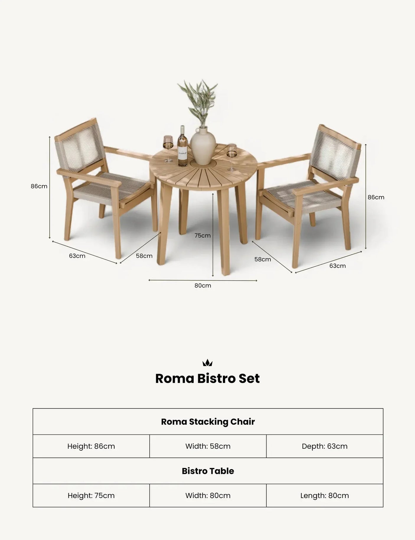 Roma bistro set with round wooden table and two stacking chairs, dimensions displayed