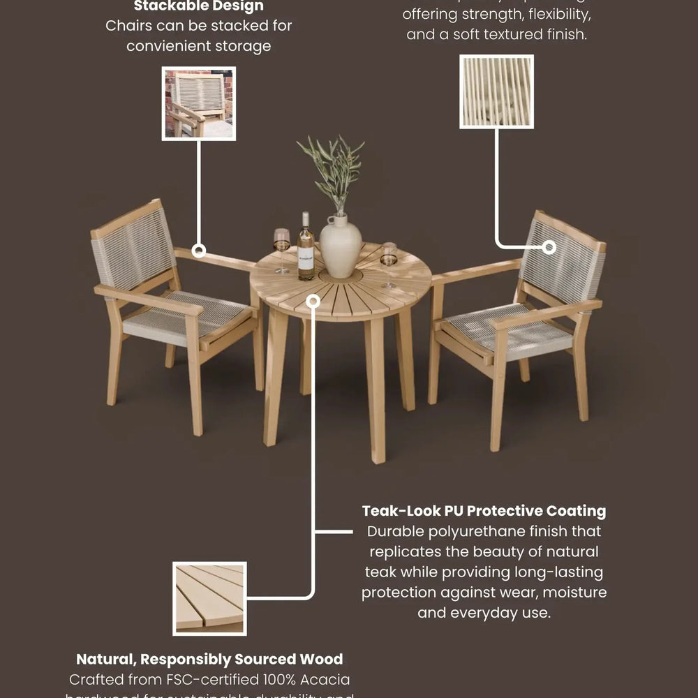 Acacia wood garden bistro set with synthetic rope chairs and round slatted table, brown finish