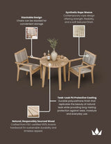 Acacia wood garden bistro set with synthetic rope chairs and round slatted table, brown finish