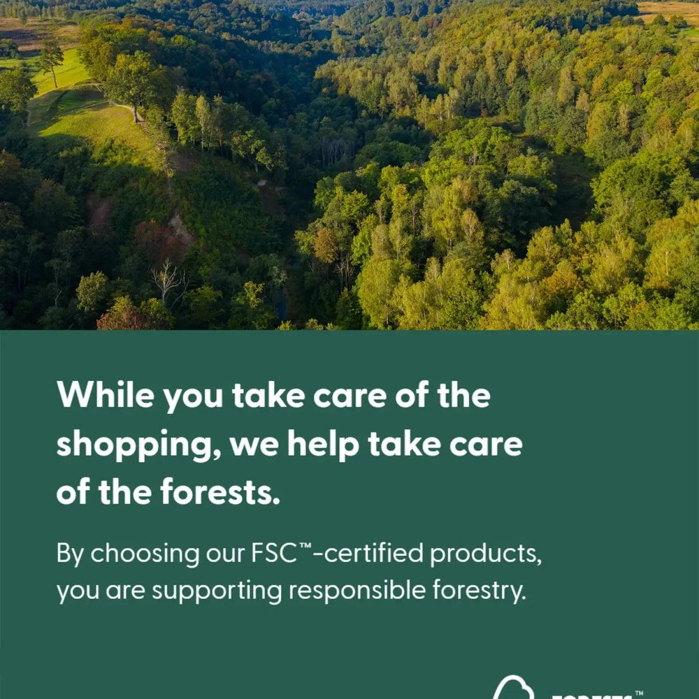 Lush green forest landscape with FSC certification sustainability message and logos